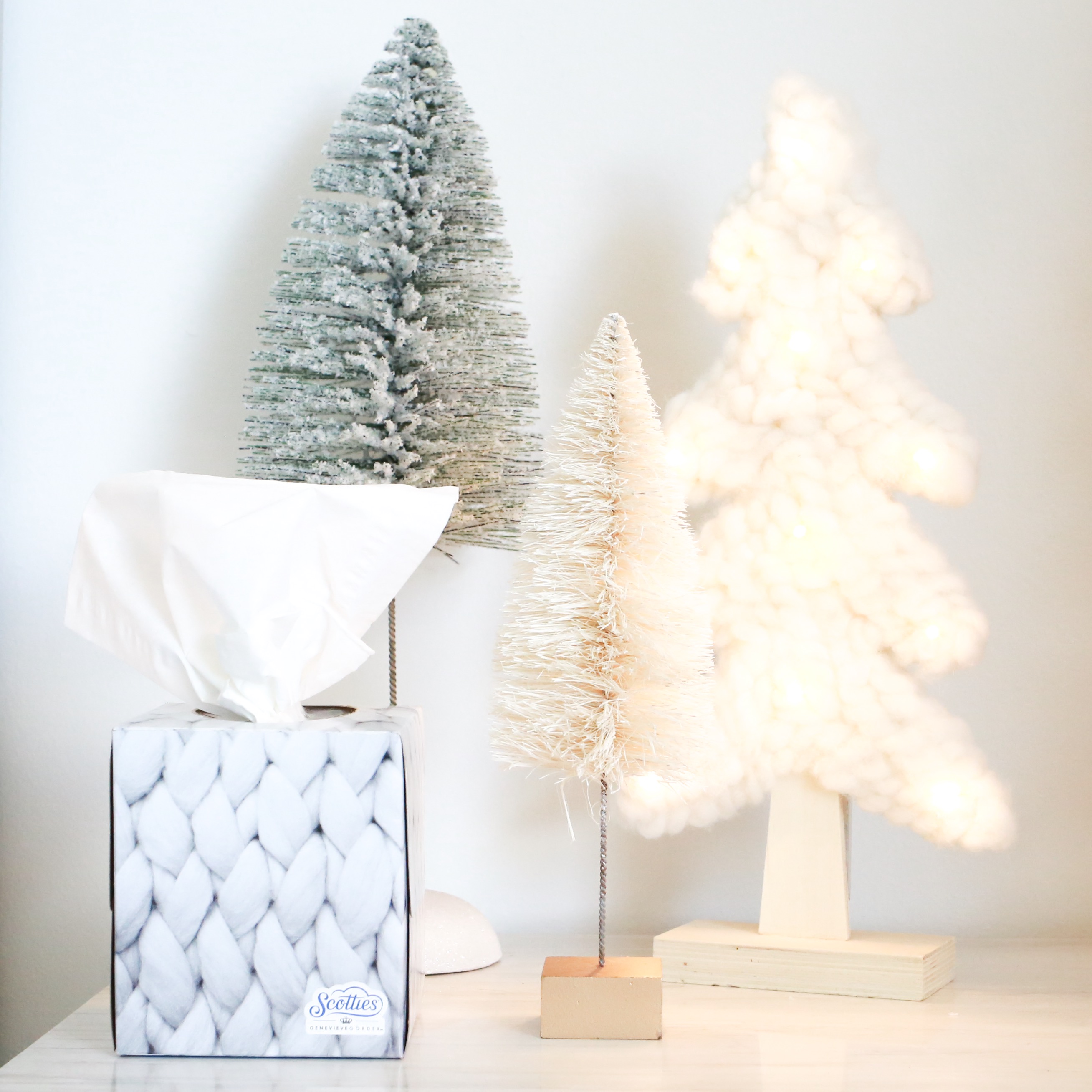 Mini bristle Christmas trees, christmas tree decor, Scotties x Genevieve Gorder collection, stylish holiday tissue boxes