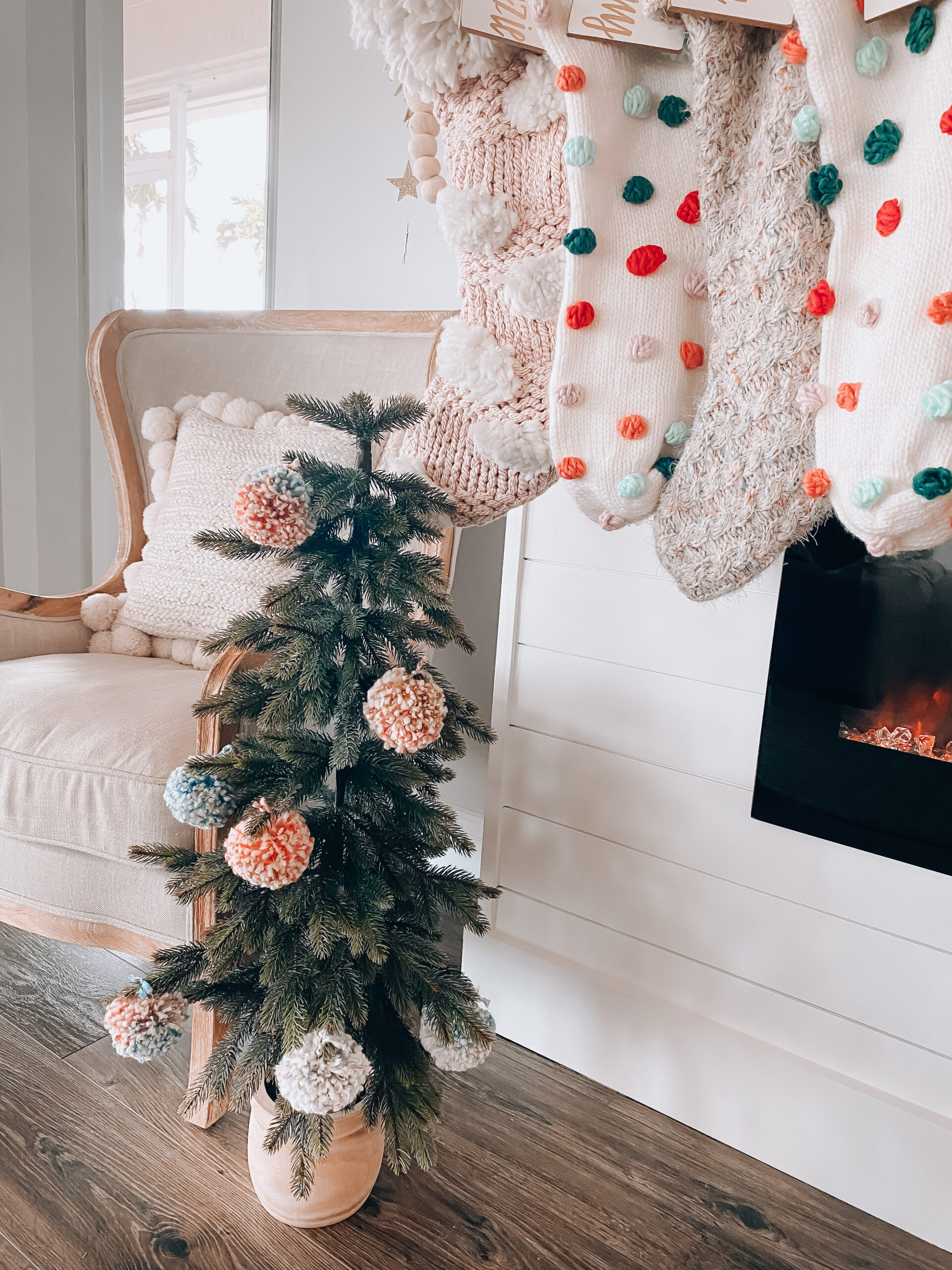 Mini Christmas tree with pom pom ornaments