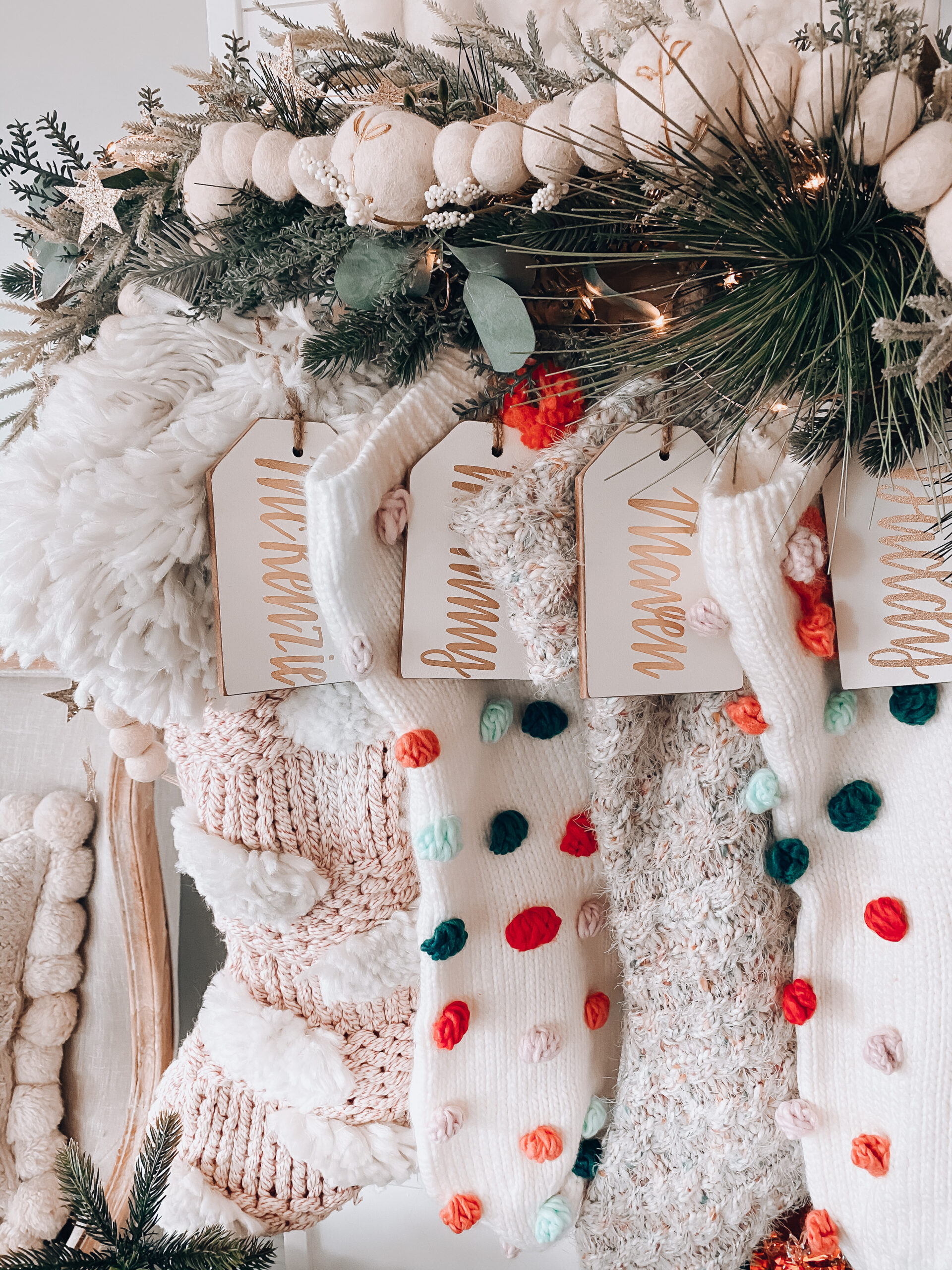 Boho Christmas mantel stockings for the family