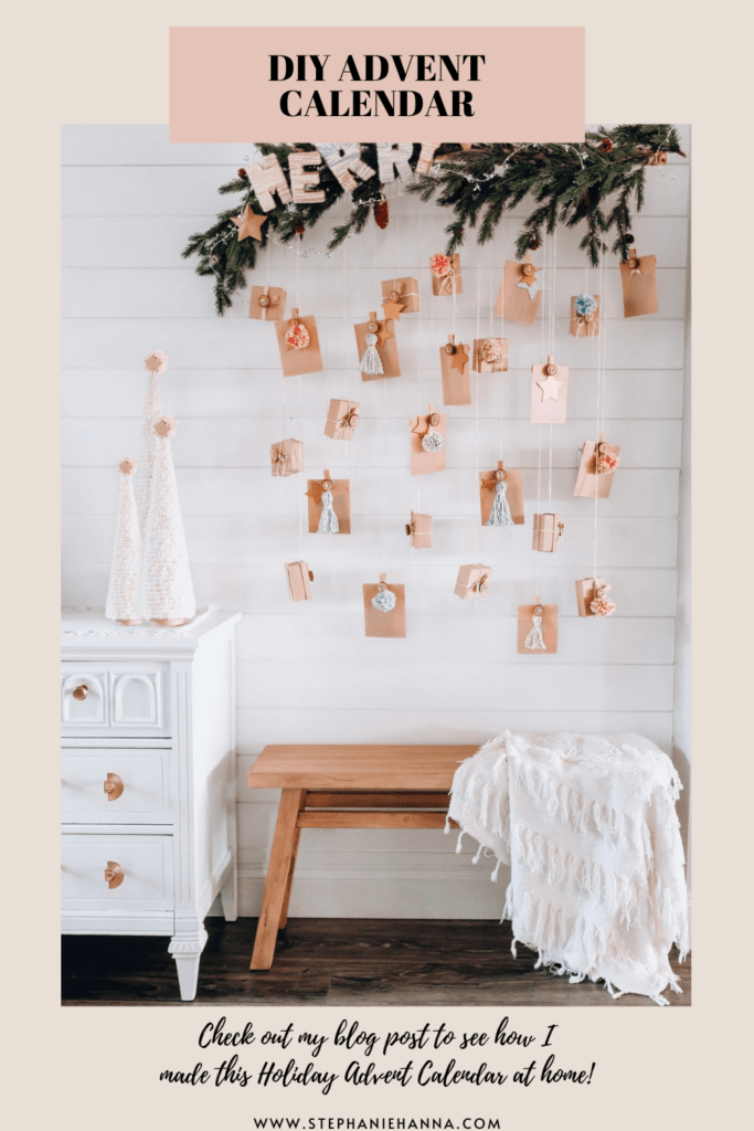 Holiday wall hanging in room, little boxes hanging from string with numbers on them for advent calendar