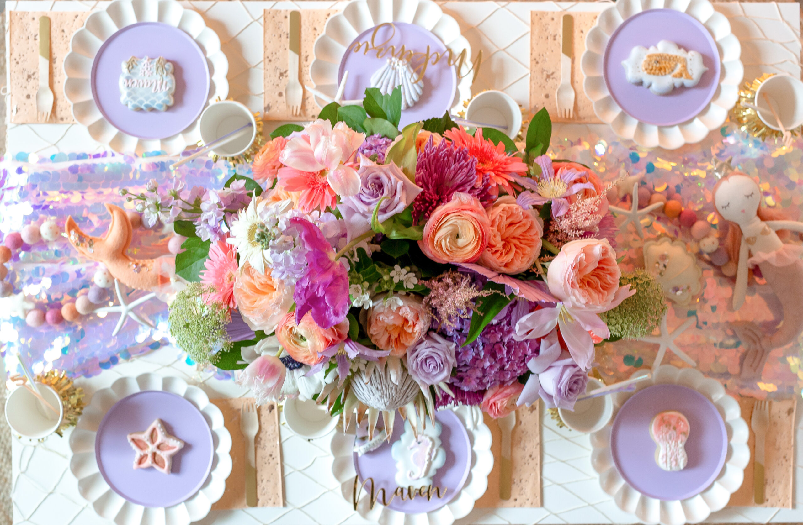 Mermaid Themed Party, seashell paper plates, floral centerpiece 