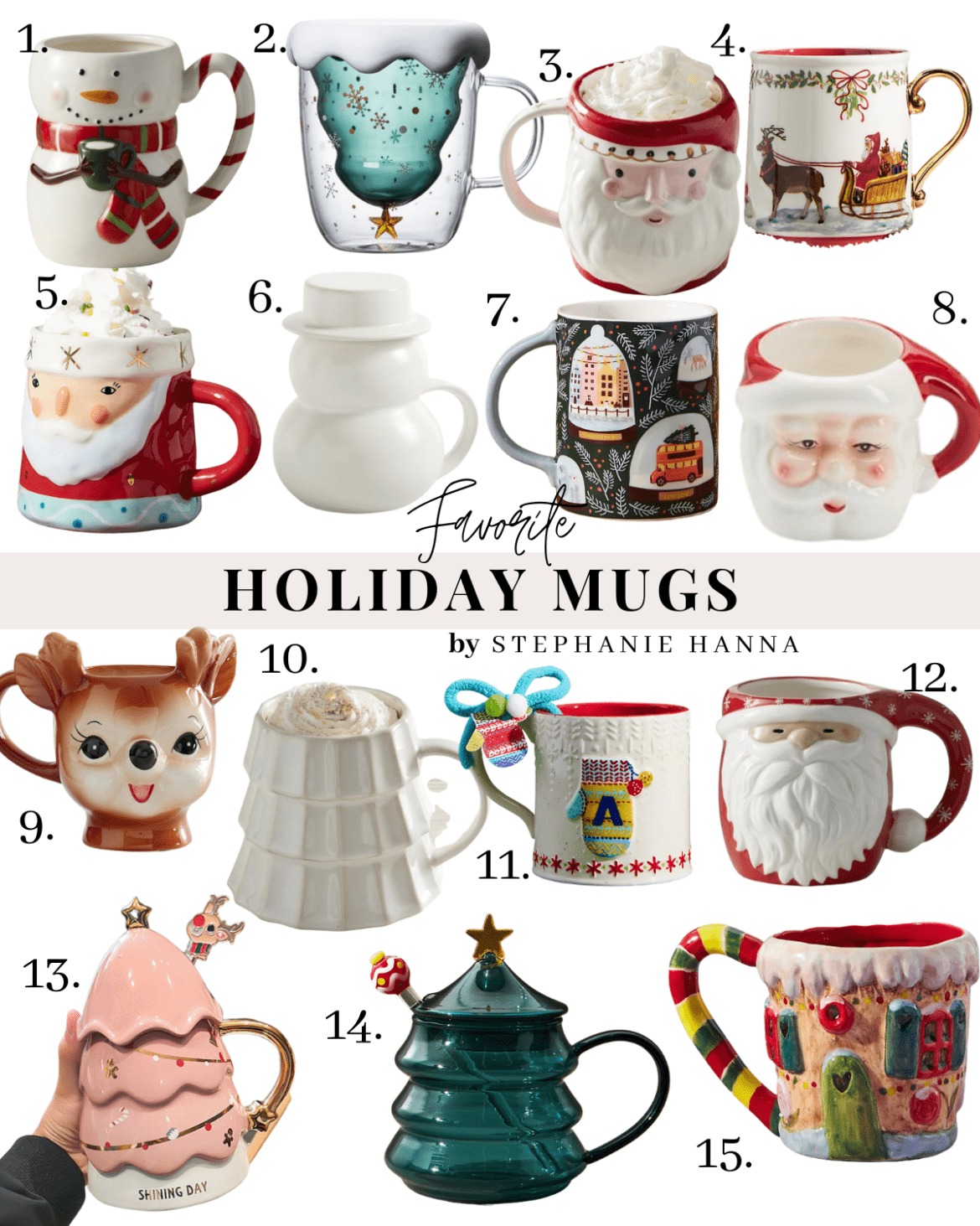 Holiday mugs, santa, reindeer, snowman, tree