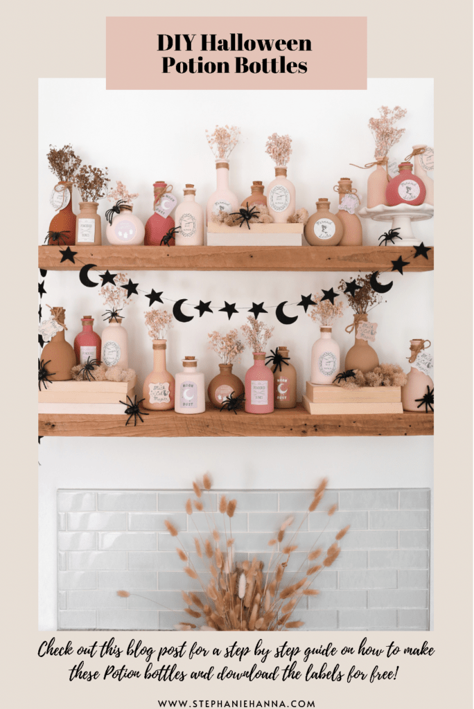 Pink ombre potion bottles on shelf with labels and babies breath styled with old books and spiders