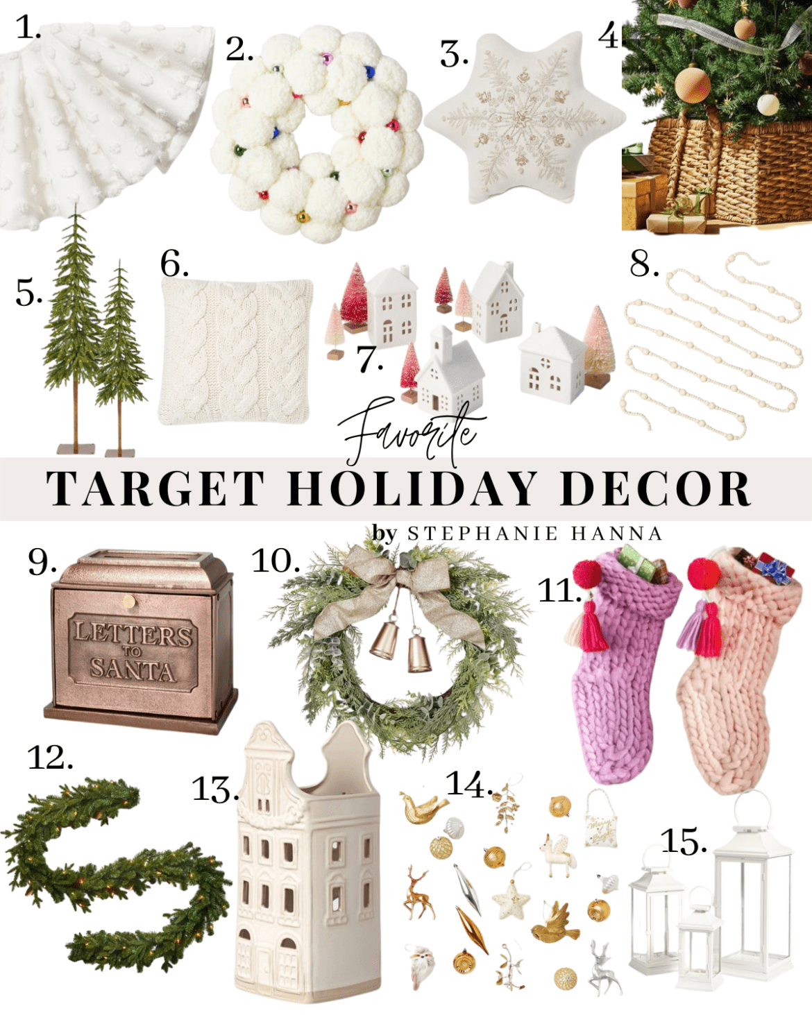 Target holiday decor, stockings, christmas tree, santa, star pillows, wreath, garland, candle house, santa letter